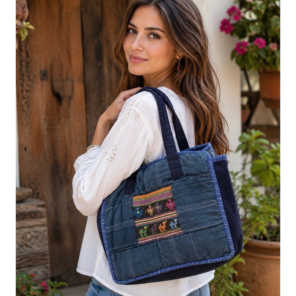 Handmade Guatemalan Indigo Woven Quilted Tote Bag Embroidered Birds Artisan Zip